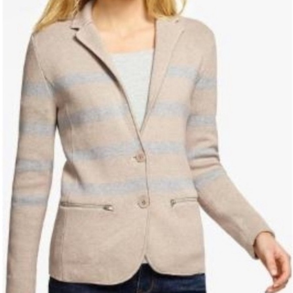 Talbots Beige & Gray Striped knit sweater  Blazer zippered pockets size large - Picture 1 of 11